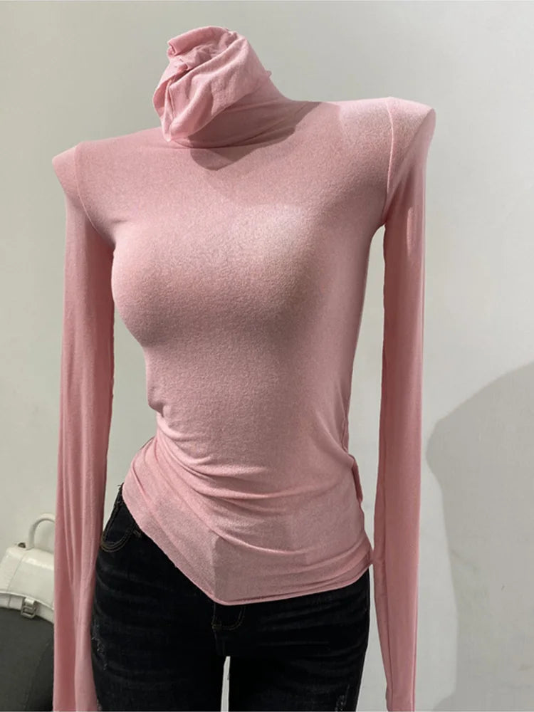 CITSLX Thin Soft American Long Sleeve T-shirt High Stacked Neck Tight Perspective Bottom Shirt Women's Slim Fit Tops Sexy Streetwear