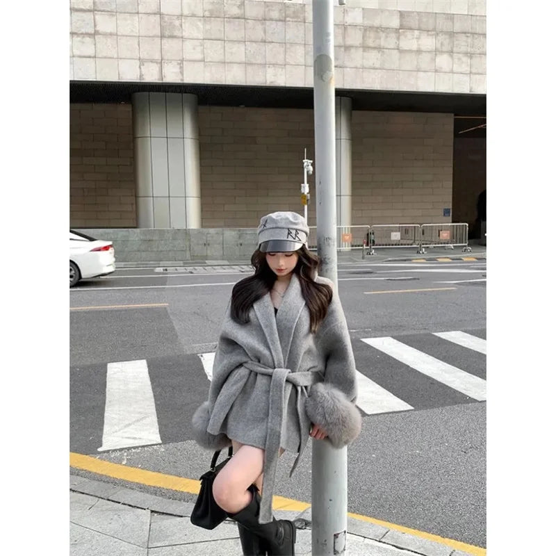 CITSLX Thin Strap Woolen Jacket 2024 Spring Autumn Long Sleeved Loose High-end Patchwork Short Style Hairy Sleeve New Year Battle Robe