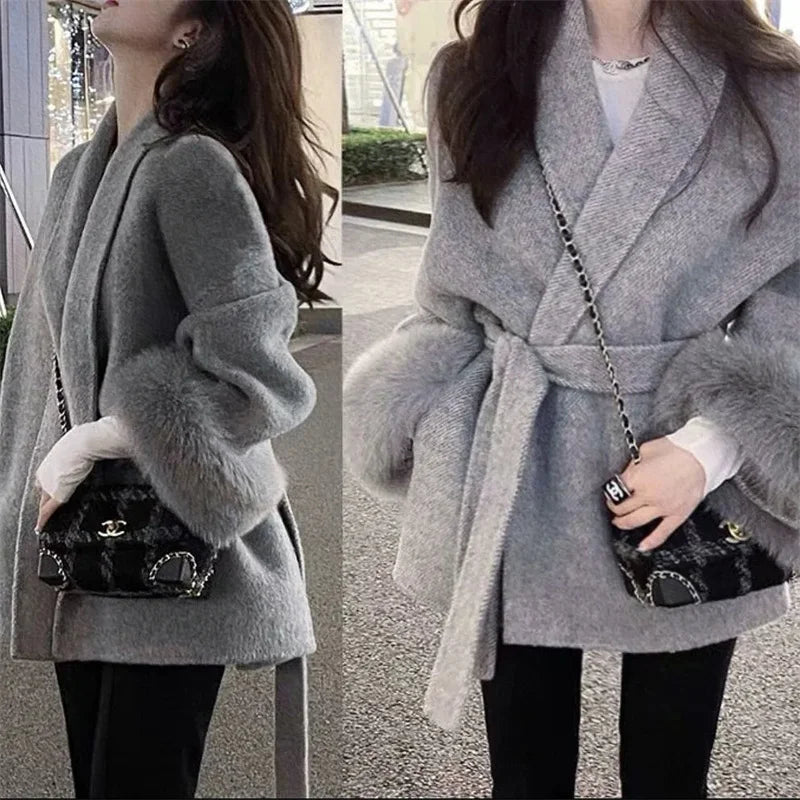 CITSLX Thin Strap Woolen Jacket 2024 Spring Autumn Long Sleeved Loose High-end Patchwork Short Style Hairy Sleeve New Year Battle Robe