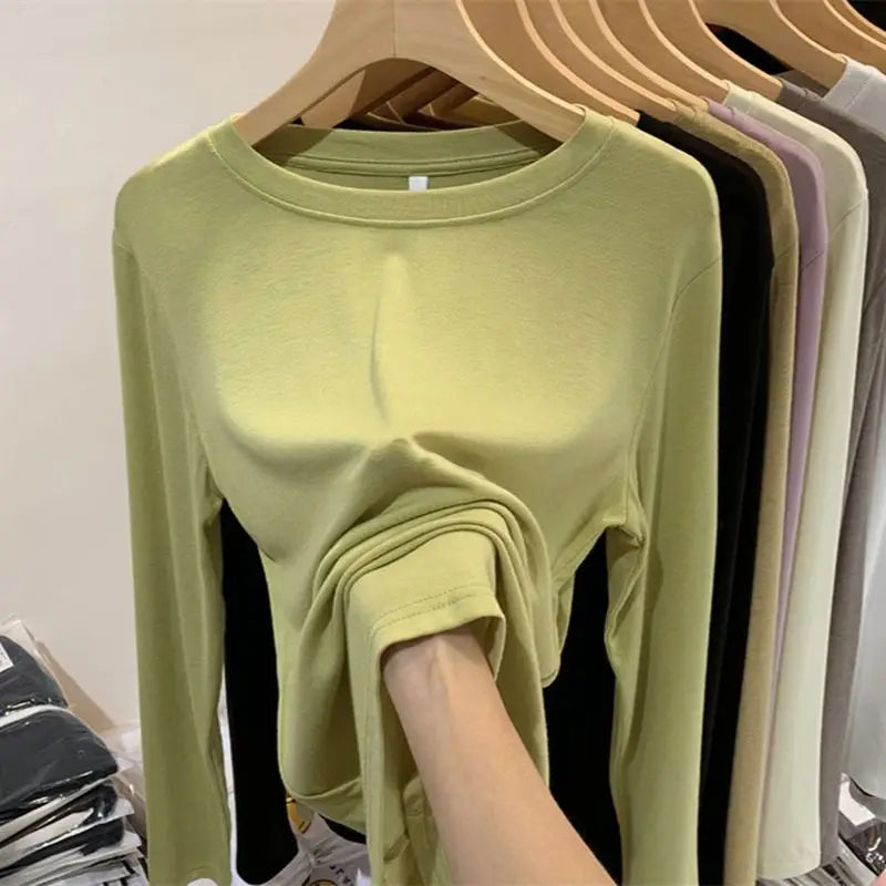 CITSLX Thread Long Sleeved T-shirt O-neck Solid Basic Bottoming Shirt Women 2024 Autumn Winter Korean Slim Fit Versatile Pullovers Top