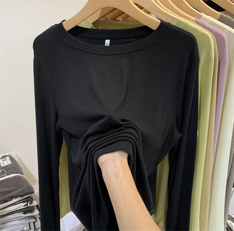 CITSLX Thread Long Sleeved T-shirt O-neck Solid Basic Bottoming Shirt Women 2024 Autumn Winter Korean Slim Fit Versatile Pullovers Top