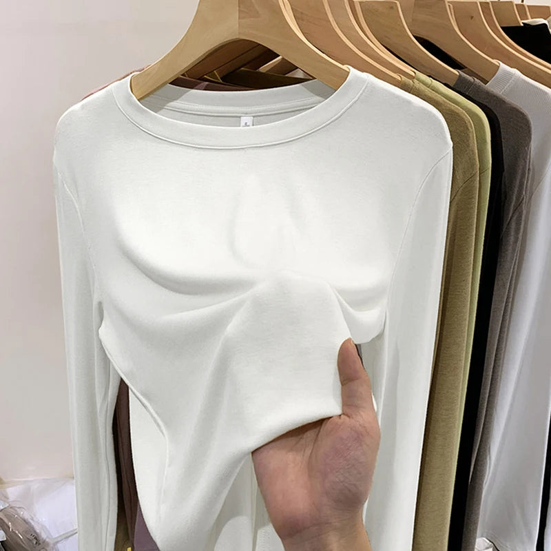 CITSLX Thread Long Sleeved T-shirt O-neck Solid Basic Bottoming Shirt Women 2024 Autumn Winter Korean Slim Fit Versatile Pullovers Top