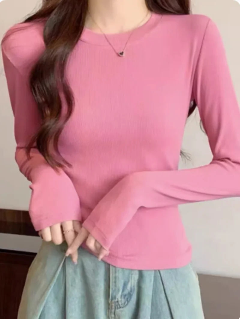 CITSLX Thread Long Sleeved T-shirt O-neck Solid Basic Bottoming Shirt Women 2024 Autumn Winter Korean Slim Fit Versatile Pullovers Top