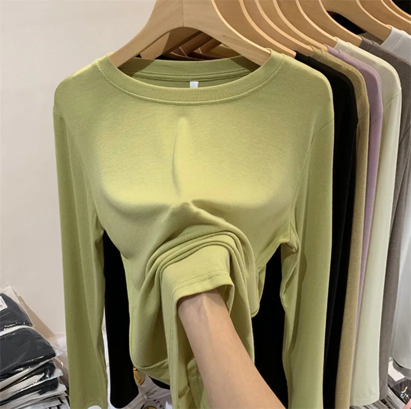 CITSLX Thread Long Sleeved T-shirt O-neck Solid Basic Bottoming Shirt Women 2024 Autumn Winter Korean Slim Fit Versatile Pullovers Top