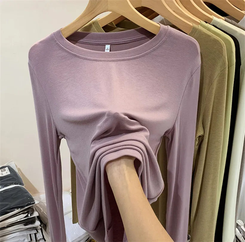 CITSLX Thread Long Sleeved T-shirt O-neck Solid Basic Bottoming Shirt Women 2024 Autumn Winter Korean Slim Fit Versatile Pullovers Top