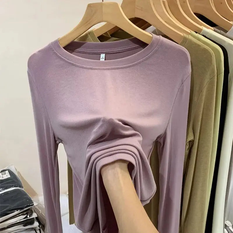 CITSLX Thread Long Sleeved T-shirt O-neck Solid Basic Bottoming Shirt Women 2024 Autumn Winter Korean Slim Fit Versatile Pullovers Top