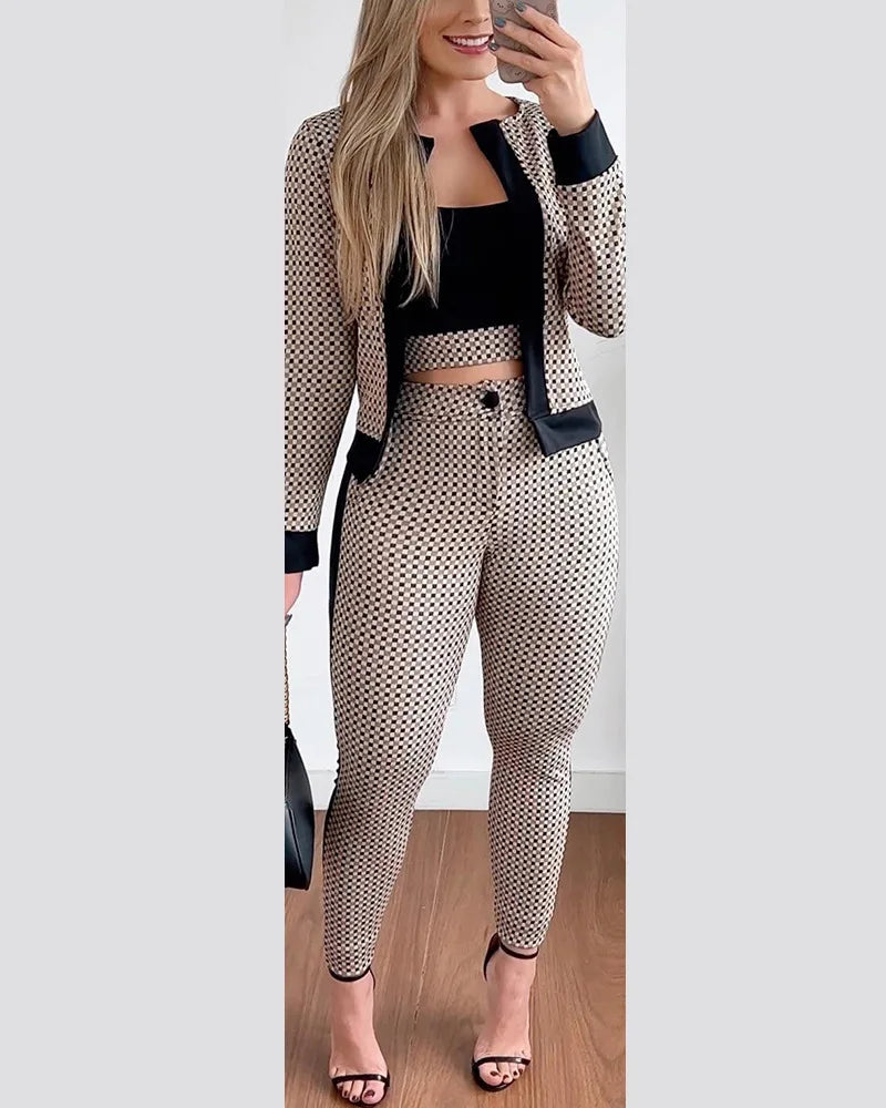 CITSLX Three Piece Set Women Outfit Spring Fashion Plaid Print Contrast Paneled Open Front Long Sleeve Coat & Elegant Skinny Pants Set