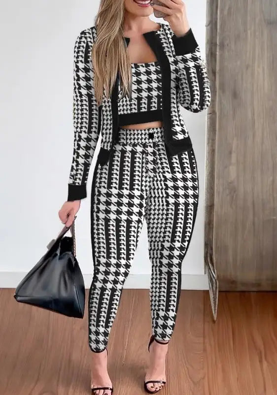 CITSLX Three Piece Set Women Outfit Spring Fashion Plaid Print Contrast Paneled Open Front Long Sleeve Coat & Elegant Skinny Pants Set