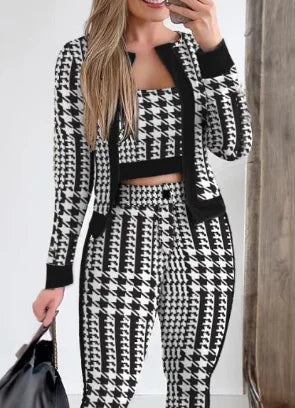 CITSLX Three Piece Set Women Outfit Spring Fashion Plaid Print Contrast Paneled Open Front Long Sleeve Coat & Elegant Skinny Pants Set