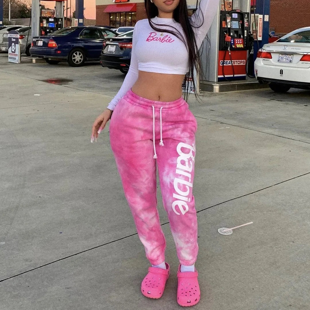 CITSLX Tie Dye Fashion Streetwear Pink Joggers Women's Drawstring Sweatpants Sports Wear Women Crop Top and Jogging Pants