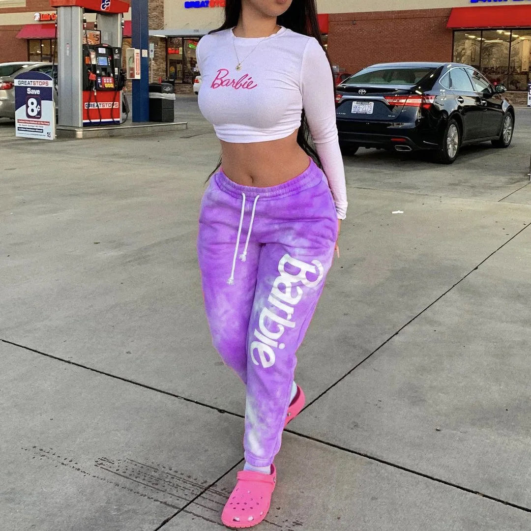 CITSLX Tie Dye Fashion Streetwear Pink Joggers Women's Drawstring Sweatpants Sports Wear Women Crop Top and Jogging Pants