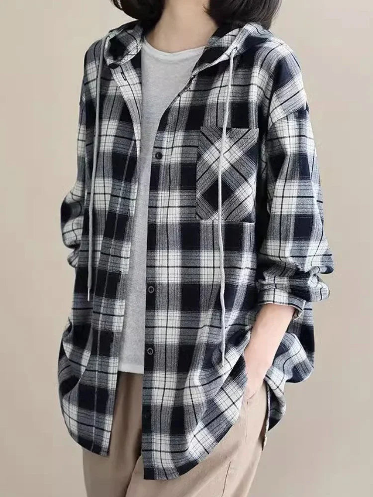 CITSLX Top Women Clothing Checkered Shirt Hooded Cardigan Jacke Loose Top Ladies Versatile T Korean Style Streetwear Spring Summer Y2k