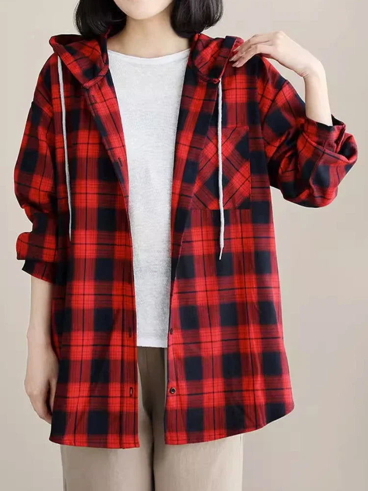 CITSLX Top Women Clothing Checkered Shirt Hooded Cardigan Jacke Loose Top Ladies Versatile T Korean Style Streetwear Spring Summer Y2k