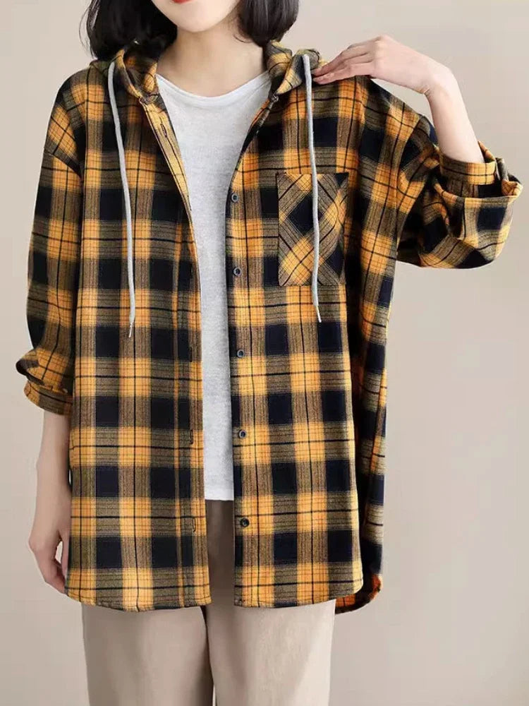 CITSLX Top Women Clothing Checkered Shirt Hooded Cardigan Jacke Loose Top Ladies Versatile T Korean Style Streetwear Spring Summer Y2k