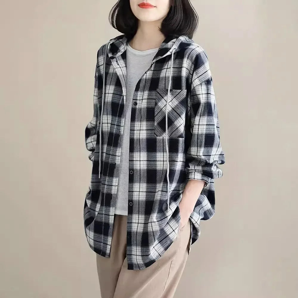 CITSLX Top Women Clothing Checkered Shirt Hooded Cardigan Jacke Loose Top Ladies Versatile T Korean Style Streetwear Spring Summer Y2k