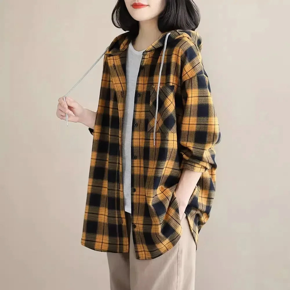 CITSLX Top Women Clothing Checkered Shirt Hooded Cardigan Jacke Loose Top Ladies Versatile T Korean Style Streetwear Spring Summer Y2k