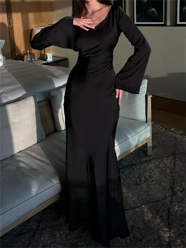 CITSLX Tossy Black Satin Bandage Maxi Dress Women Slin High Waist Fashion Patchwork Elegant Long Sleeve Dress Ladies Gown Long Dress