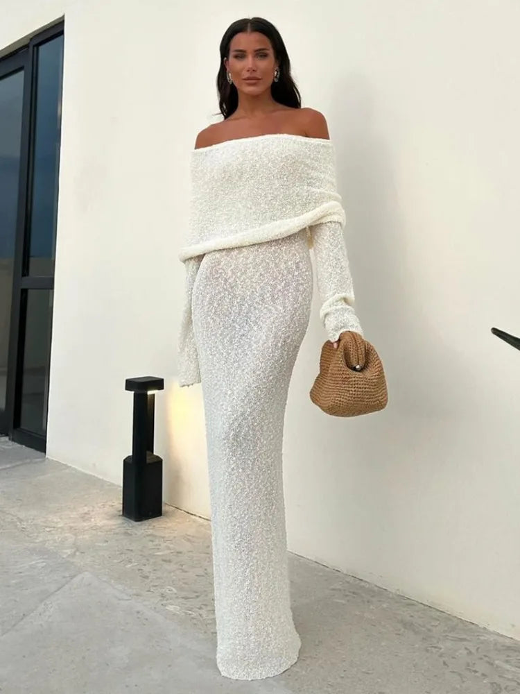 CITSLX Tossy Knit Hollow Out Off-Shoulder Maxi Dress Female Cover up Loose Long Sleeve Holiday Beach Party Dress Women Knitwear Dress