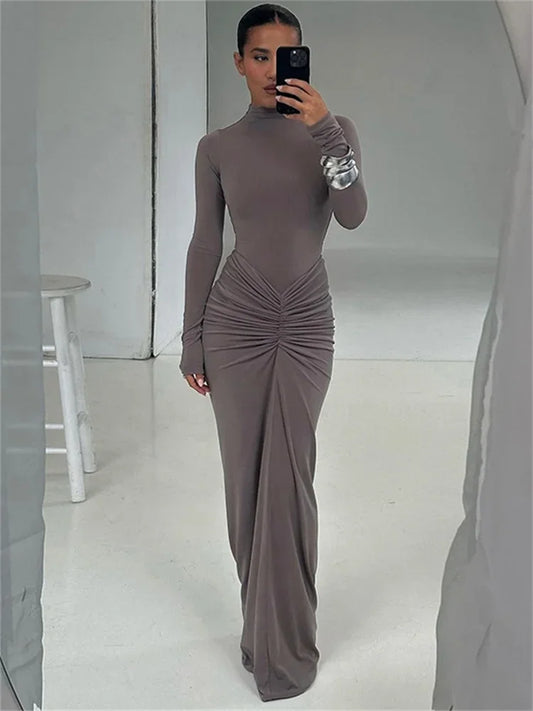 CITSLX Tossy Pleated Fashion Patchwork Long Dress Women's High Waist Long Sleeve Solid Slim Party Dress Summer 2024 Female Maxi Dress