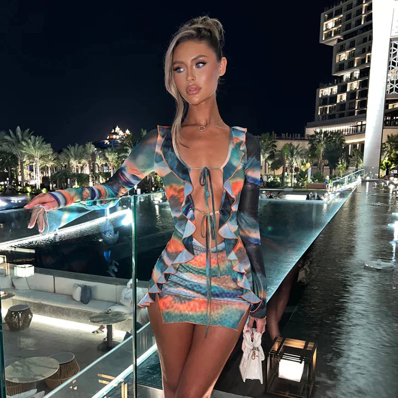 CITSLX Townlike Mesh Hollow Out Transparent Sexy Dress Women Mini 2024 Spring Summer Dress Reffles Nightclub Party Bodycon Dresses