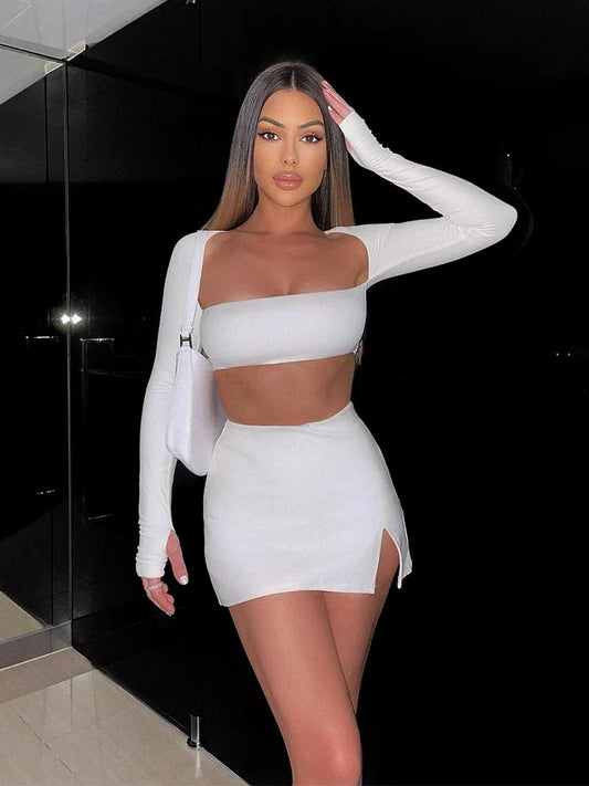 CITSLX Townlike White Sexy Two Piece Set Long Sleeve Crop Top And Side Split Mini Skirts Slim 2 Pieces Sets Women 2024 Autumn Outfits