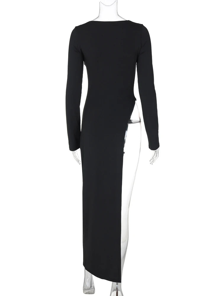 CITSLX Trendix Black Asymmetrical Maxi Dress For Women's O Neck Long Sleeve Trendy Chic Top Club Party High Side Slit Dresses Autumn