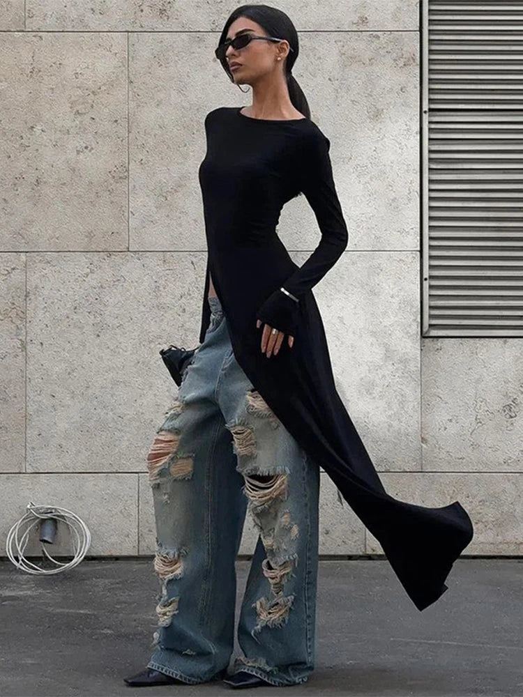 CITSLX Trendix Black Asymmetrical Maxi Dress For Women's O Neck Long Sleeve Trendy Chic Top Club Party High Side Slit Dresses Autumn