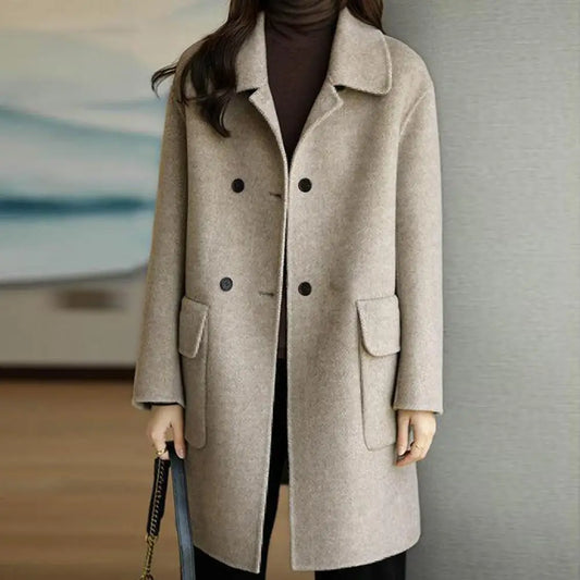 CITSLX Trendy Pocket Design Solid Color Non-Fading Fashionable Women Mid-Long Winter Woolen Coat Women Winter Coat Decorative