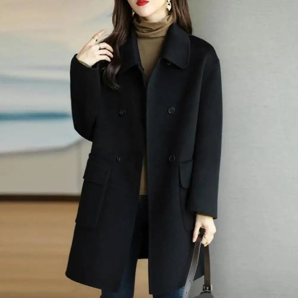 CITSLX Trendy Pocket Design Solid Color Non-Fading Fashionable Women Mid-Long Winter Woolen Coat Women Winter Coat Decorative