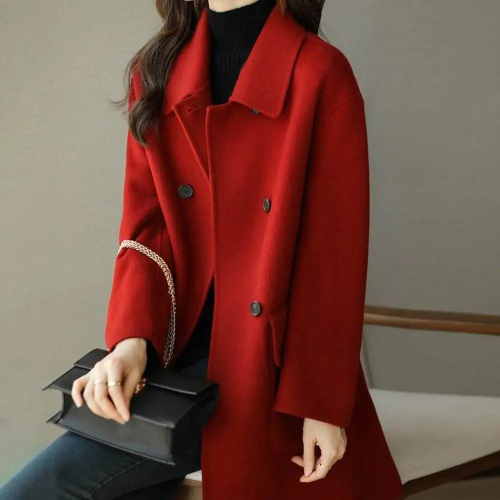 CITSLX Trendy Pocket Design Solid Color Non-Fading Fashionable Women Mid-Long Winter Woolen Coat Women Winter Coat Decorative