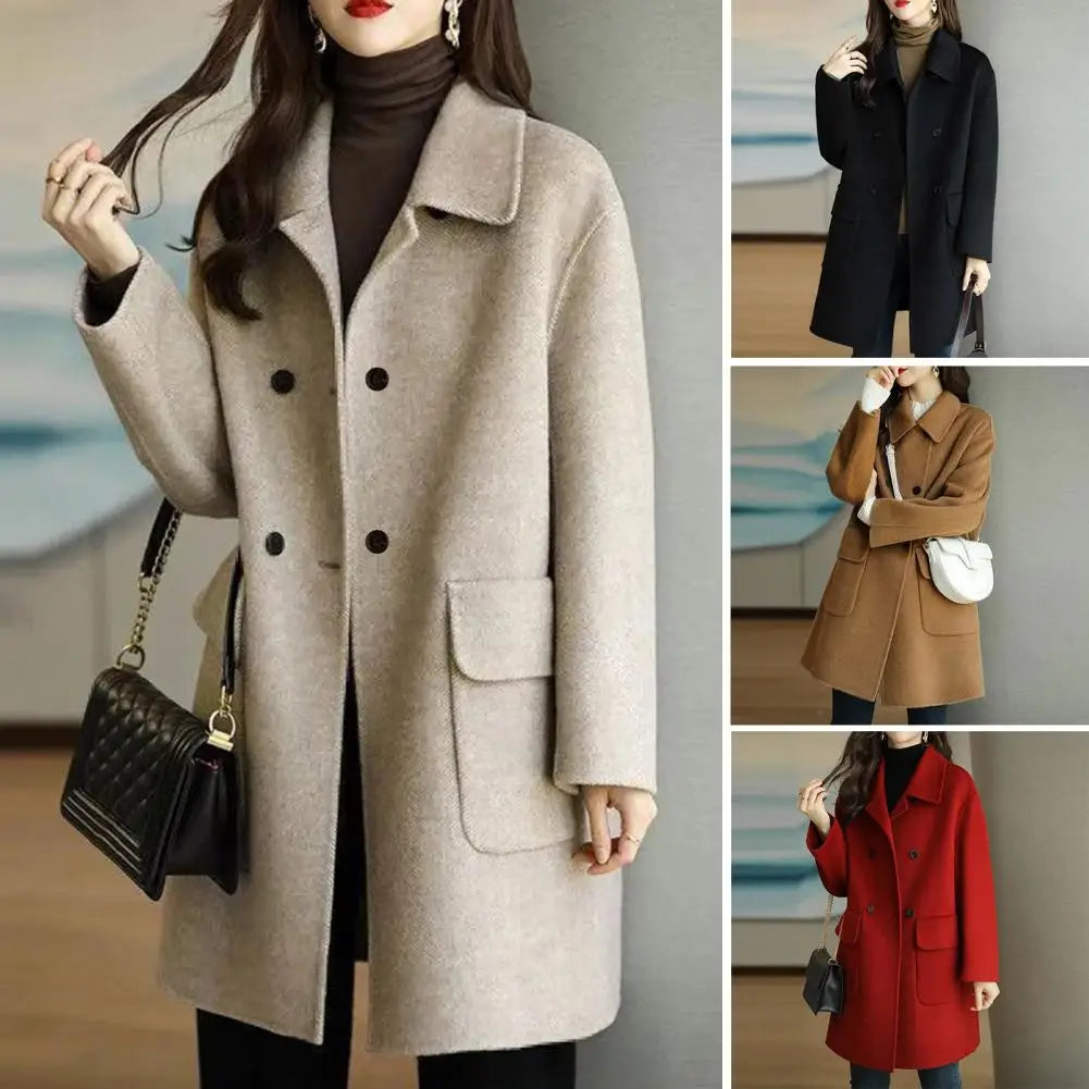 CITSLX Trendy Pocket Design Solid Color Non-Fading Fashionable Women Mid-Long Winter Woolen Coat Women Winter Coat Decorative