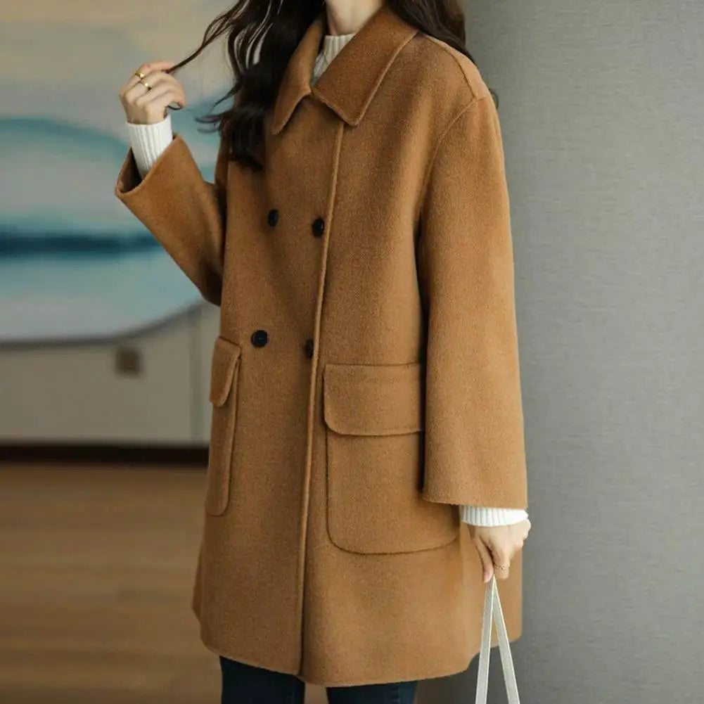 CITSLX Trendy Pocket Design Solid Color Non-Fading Fashionable Women Mid-Long Winter Woolen Coat Women Winter Coat Decorative