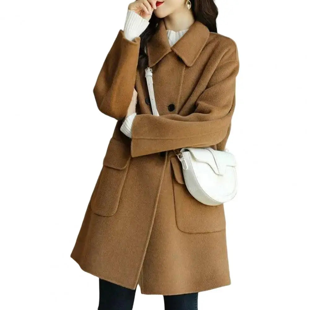 CITSLX Trendy Pocket Design Solid Color Non-Fading Fashionable Women Mid-Long Winter Woolen Coat Women Winter Coat Decorative