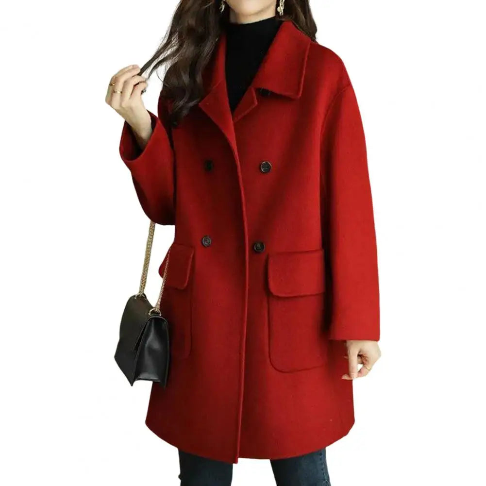 CITSLX Trendy Pocket Design Solid Color Non-Fading Fashionable Women Mid-Long Winter Woolen Coat Women Winter Coat Decorative