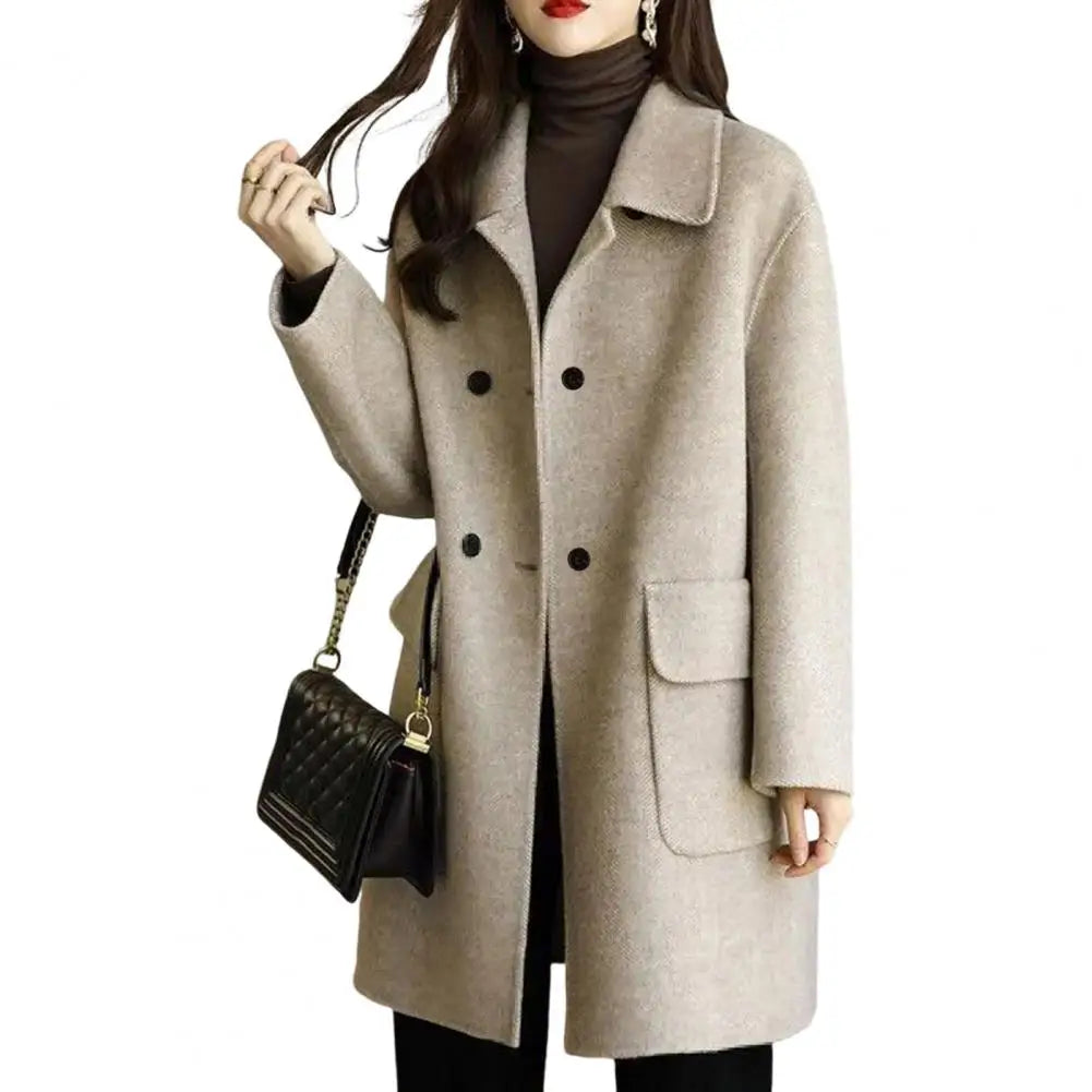 CITSLX Trendy Pocket Design Solid Color Non-Fading Fashionable Women Mid-Long Winter Woolen Coat Women Winter Coat Decorative