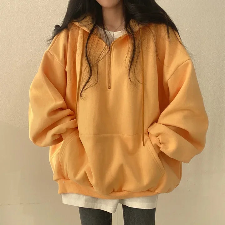 CITSLX Trendy Pullover Hooded Sweatshirt Women's Long Korean Style Loose Fit Fleece Lined For Spring Autumn/winter