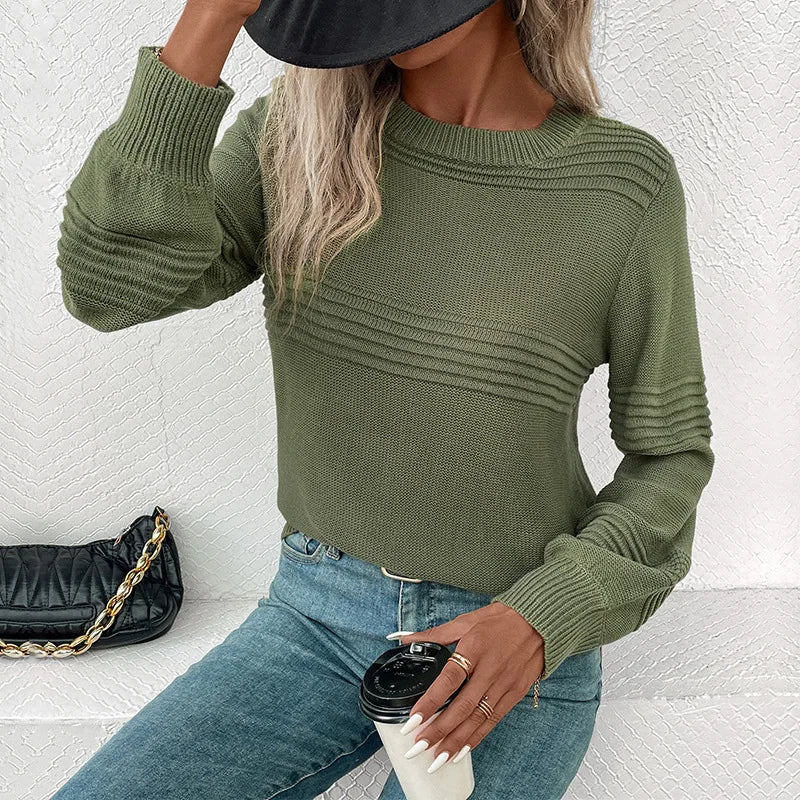 CITSLX Trendy Solid Color Women's Knitted Sweater Autumn Versatile Round Neck Pullover Long Sleeved Sweater Casual Top 2025 New Item