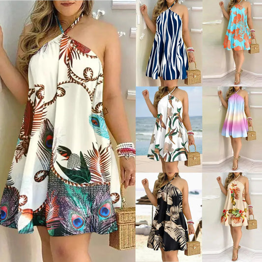 CITSLX Tropical Print Halter Neck Dress, Vacation Style Backless Dress For Spring & Summer, Women's Clothing