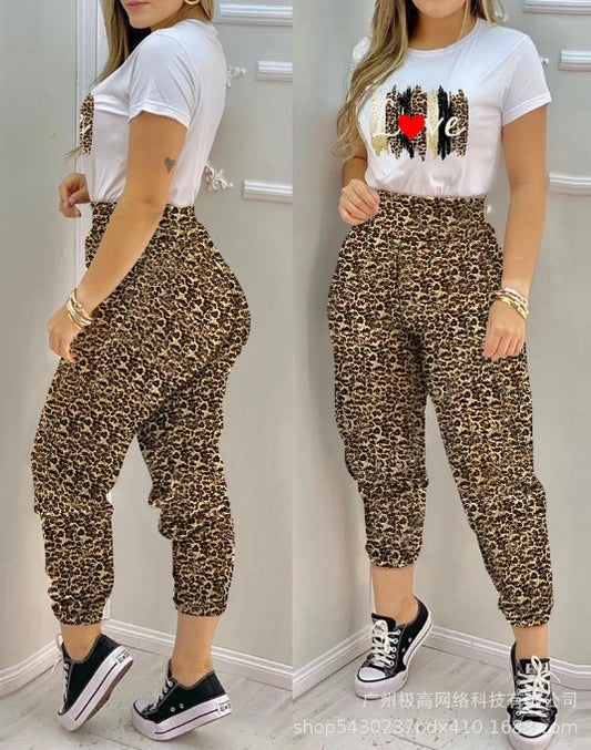 CITSLX Two Piece Set Women Outfit 2024 Summer Letter Printed Round Neck Short Sleeved T-Shirt & Leopard High Waist Cuffed Pants Set