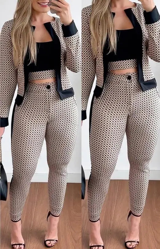 CITSLX Two Piece Set Women Outfit Spring Fashion Plaid Print Contrast Paneled Open Front Long Sleeve Coat & Elegant Skinny Pants Set