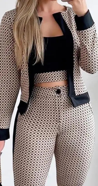 CITSLX Two Piece Set Women Outfit Spring Fashion Plaid Print Contrast Paneled Open Front Long Sleeve Coat & Elegant Skinny Pants Set