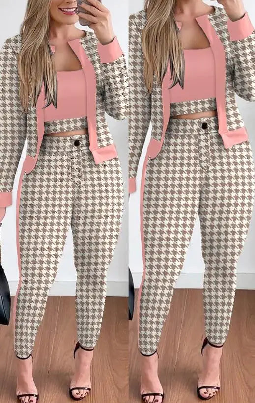 CITSLX Two Piece Set Women Outfit Spring Fashion Plaid Print Contrast Paneled Open Front Long Sleeve Coat & Elegant Skinny Pants Set