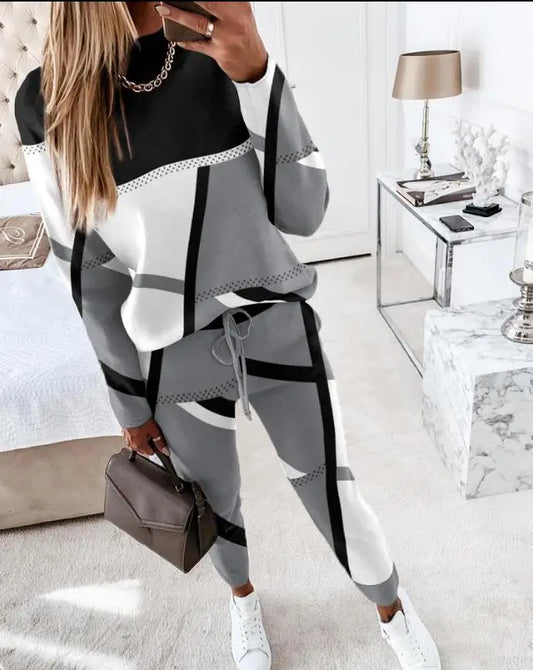 CITSLX Two Piece Sets Womens Outifits Casual Geometric Print Long Sleeve O-neck Top Pullover & Fashion Drawstring Pants Set Streetwear