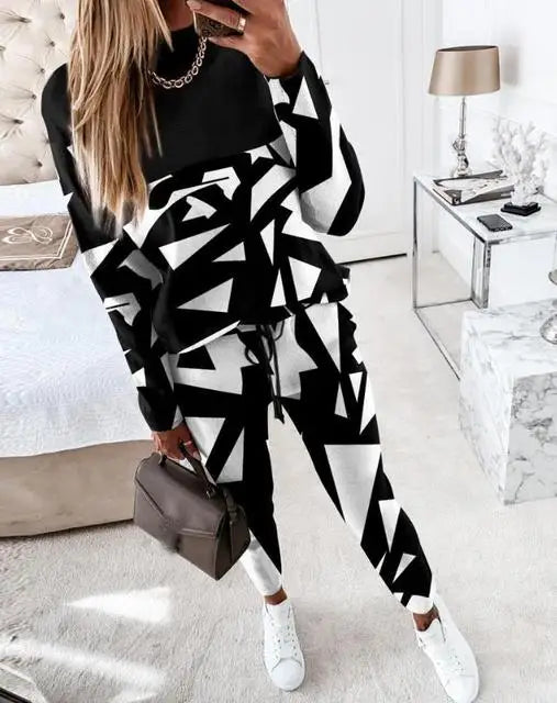 CITSLX Two Piece Sets Womens Outifits Casual Geometric Print Long Sleeve O-neck Top Pullover & Fashion Drawstring Pants Set Streetwear