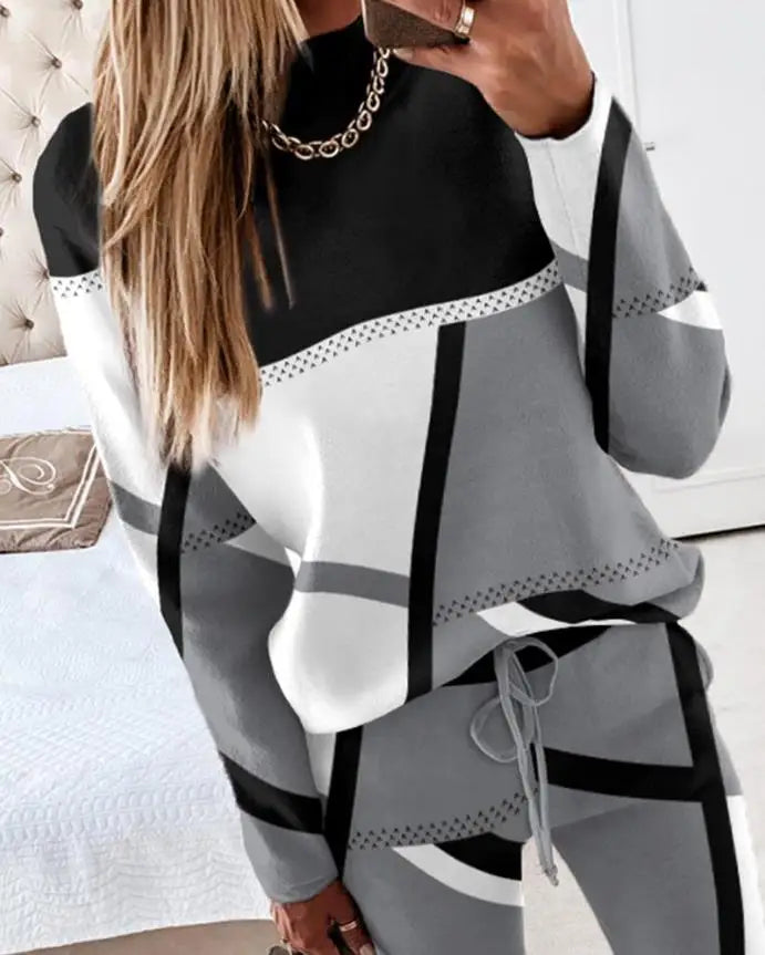 CITSLX Two Piece Sets Womens Outifits Casual Geometric Print Long Sleeve O-neck Top Pullover & Fashion Drawstring Pants Set Streetwear