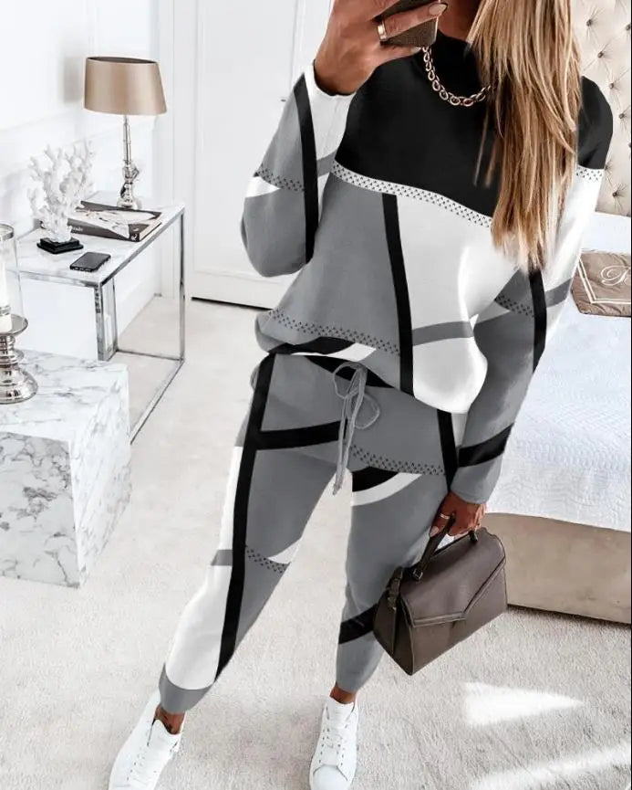 CITSLX Two Piece Sets Womens Outifits Casual Geometric Print Long Sleeve O-neck Top Pullover & Fashion Drawstring Pants Set Streetwear