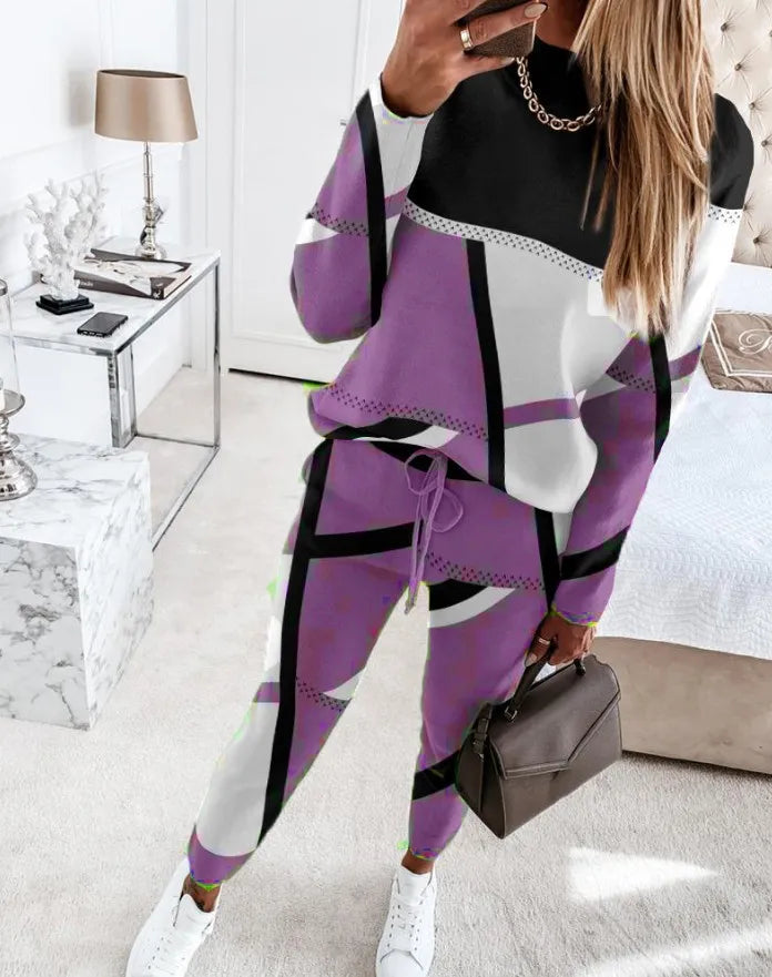 CITSLX Two Piece Sets Womens Outifits Casual Geometric Print Long Sleeve O-neck Top Pullover & Fashion Drawstring Pants Set Streetwear