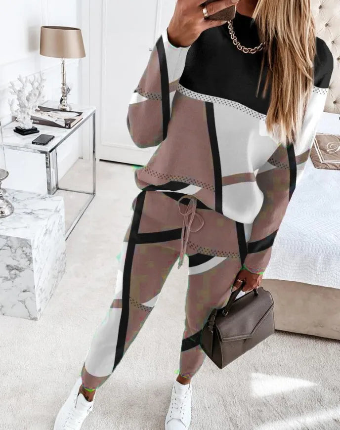 CITSLX Two Piece Sets Womens Outifits Casual Geometric Print Long Sleeve O-neck Top Pullover & Fashion Drawstring Pants Set Streetwear