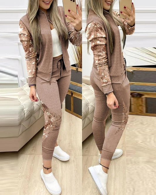 CITSLX Two Piece Sets Womens Outifits Casual Long Sleeve Contrast Sequins Zipper Design Jacket & Drawstring Skinny Pants Set Autumn