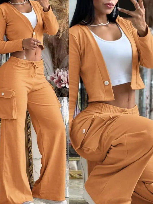 CITSLX Two Piece Sets Womens Outifits Fashion and Elegant Autumn Casual Cardigan Long Sleeve short top Big Pocket Cargo pants Sets 2024